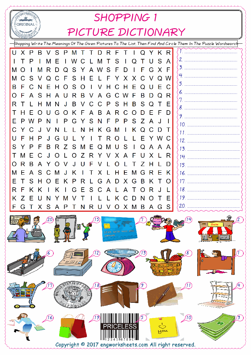 For kids, check the picture of Shopping find, and write the word and find it in the word puzzle ESL printable worksheet. 
